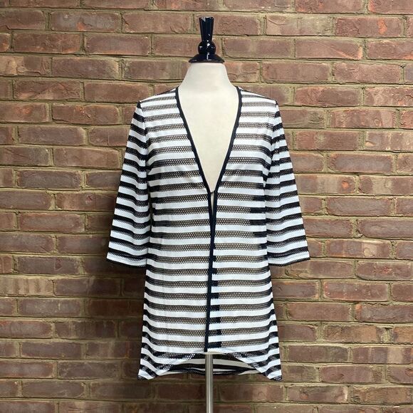 Chico’s Black & White Striped Easy Wear Mesh Cardigan Size O NEW - Picture 2 of 7